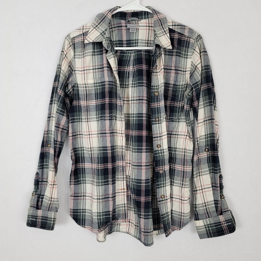 Carhartt Women's Plaid Small Button Down Long Tab Sleeve Blouse 100% Cotton